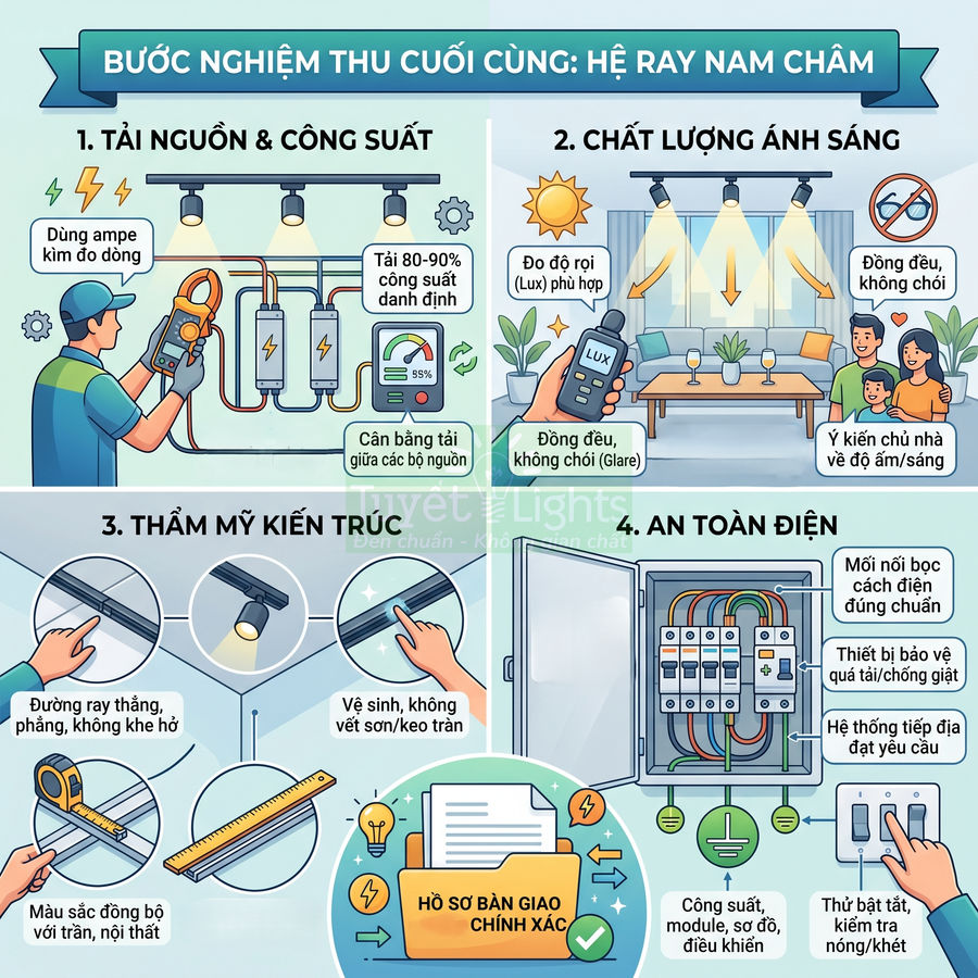 Hướng dẫn kiểm tra và nghiệm thu hệ đèn ray nam châm, tập trung tải nguồn, ánh sáng, thẩm mỹ và an toàn điện