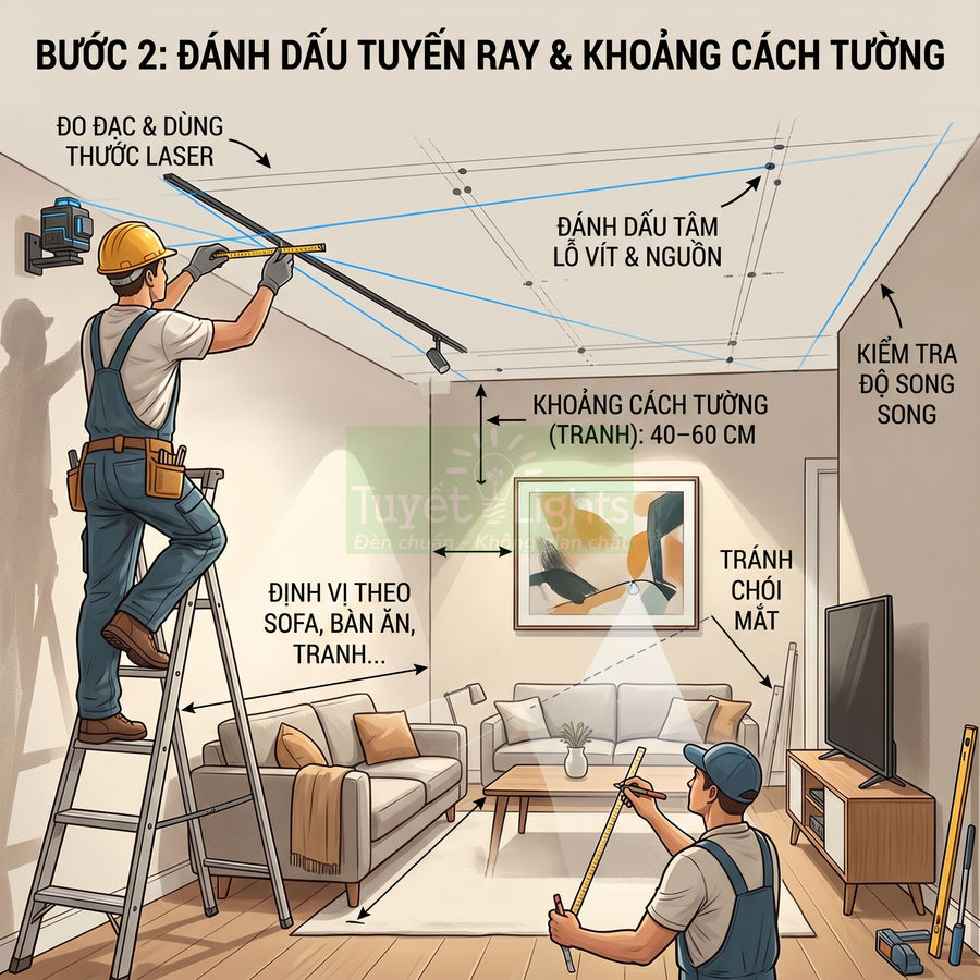 Hướng dẫn thợ lắp đặt đèn ray chiếu sáng trong phòng khách bằng thước laser và đo khoảng cách tường