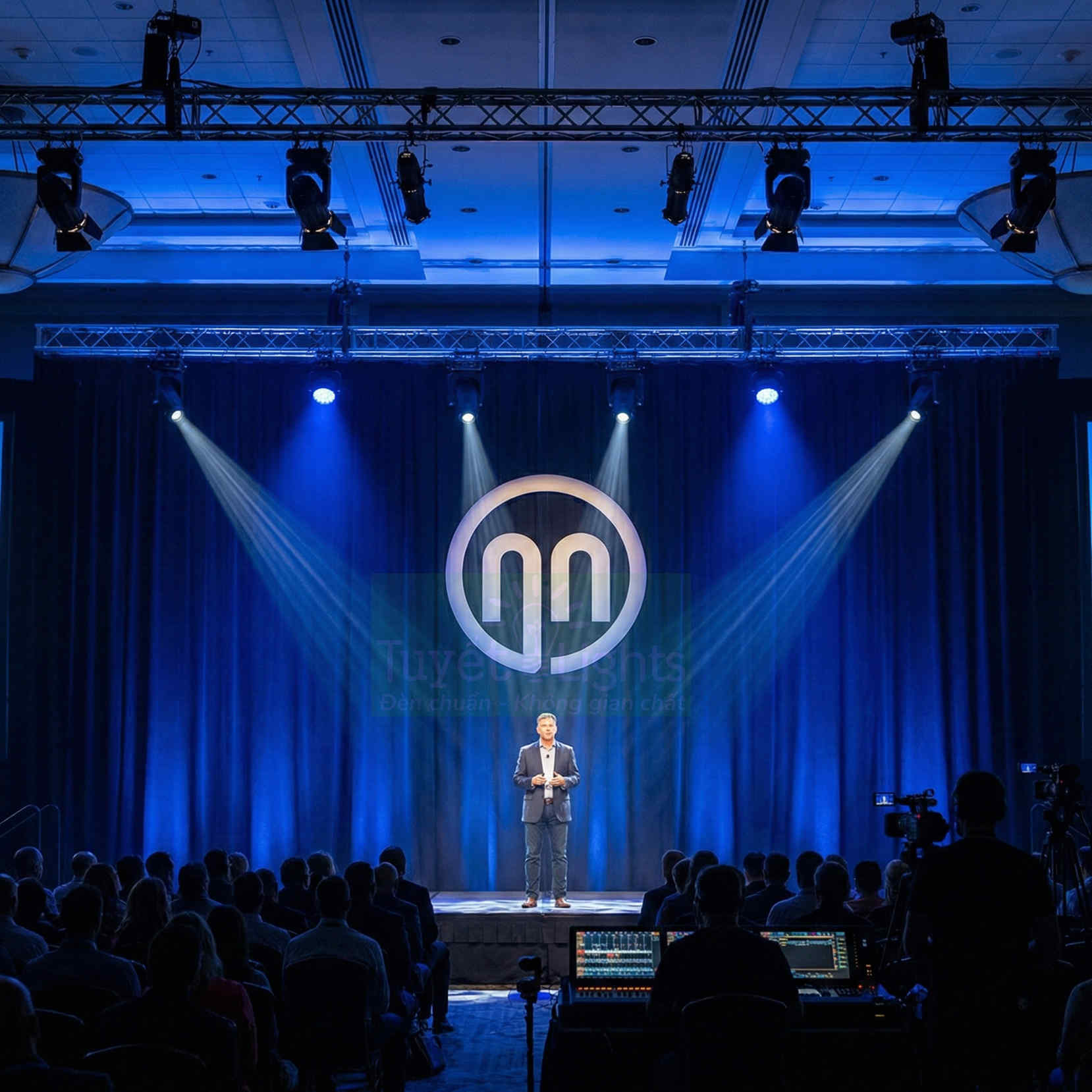 Diễn giả thuyết trình trên sân khấu hội nghị với logo tròn lớn phía sau và hệ thống ánh sáng chuyên nghiệp