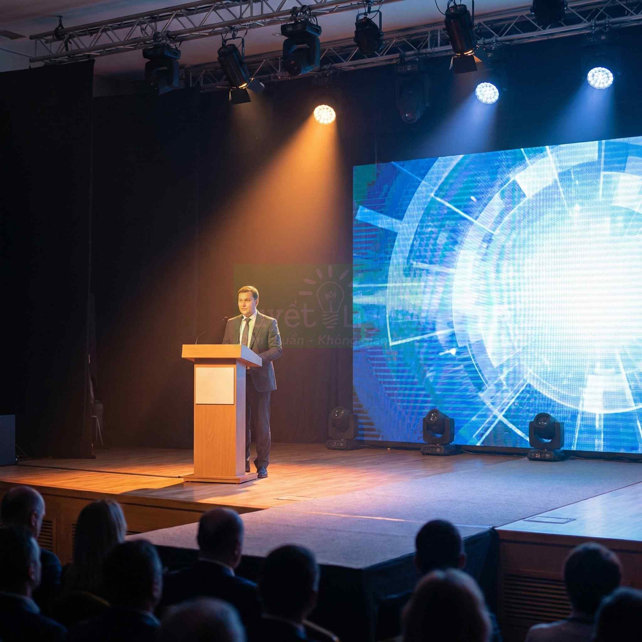 Diễn giả nam mặc vest đứng phát biểu trên sân khấu hội nghị với màn hình LED nền công nghệ sáng phía sau