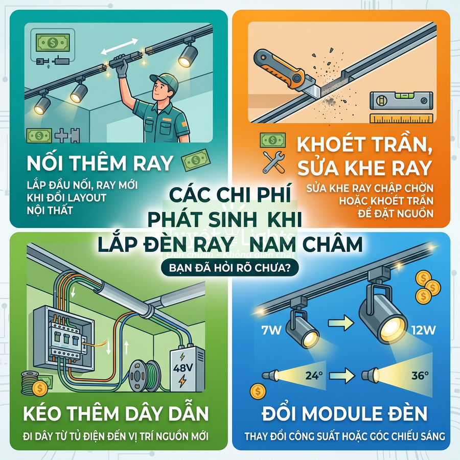 Minh họa các chi phí phát sinh khi lắp đèn ray nam châm như nối thêm ray, khoét trần, kéo dây và đổi module đèn
