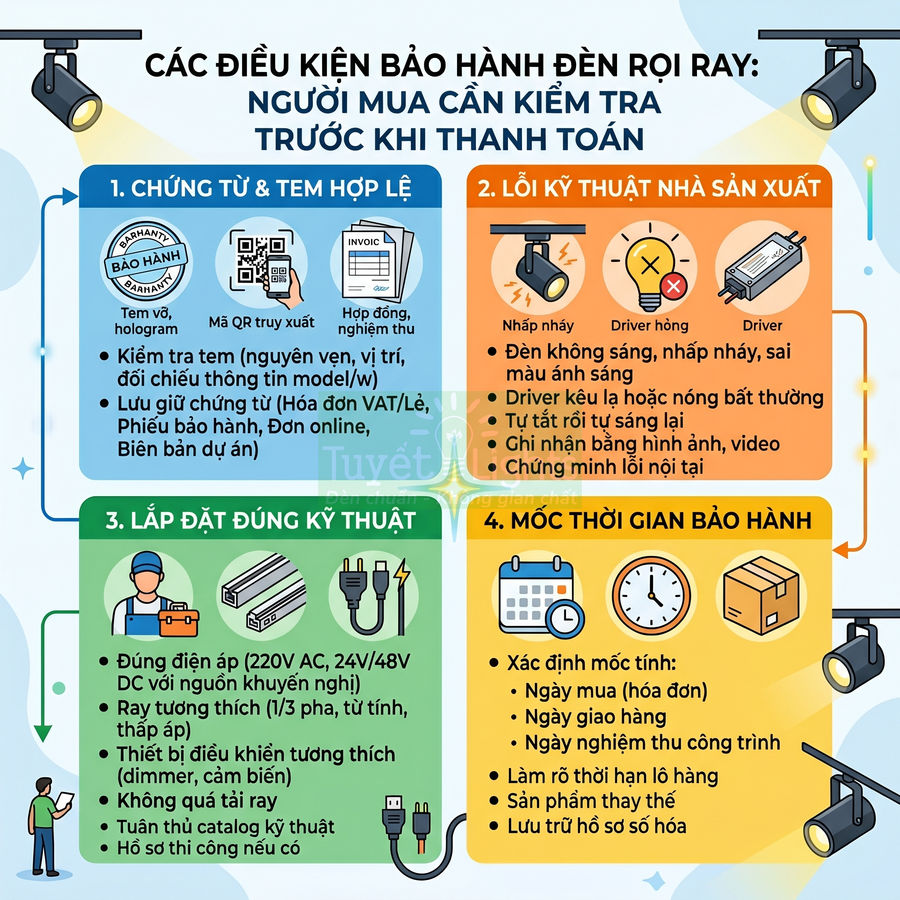 Infographic điều kiện bảo hành đèn rọi ray, hướng dẫn kiểm tra chứng từ, lỗi kỹ thuật, lắp đặt và mốc thời gian bảo hành