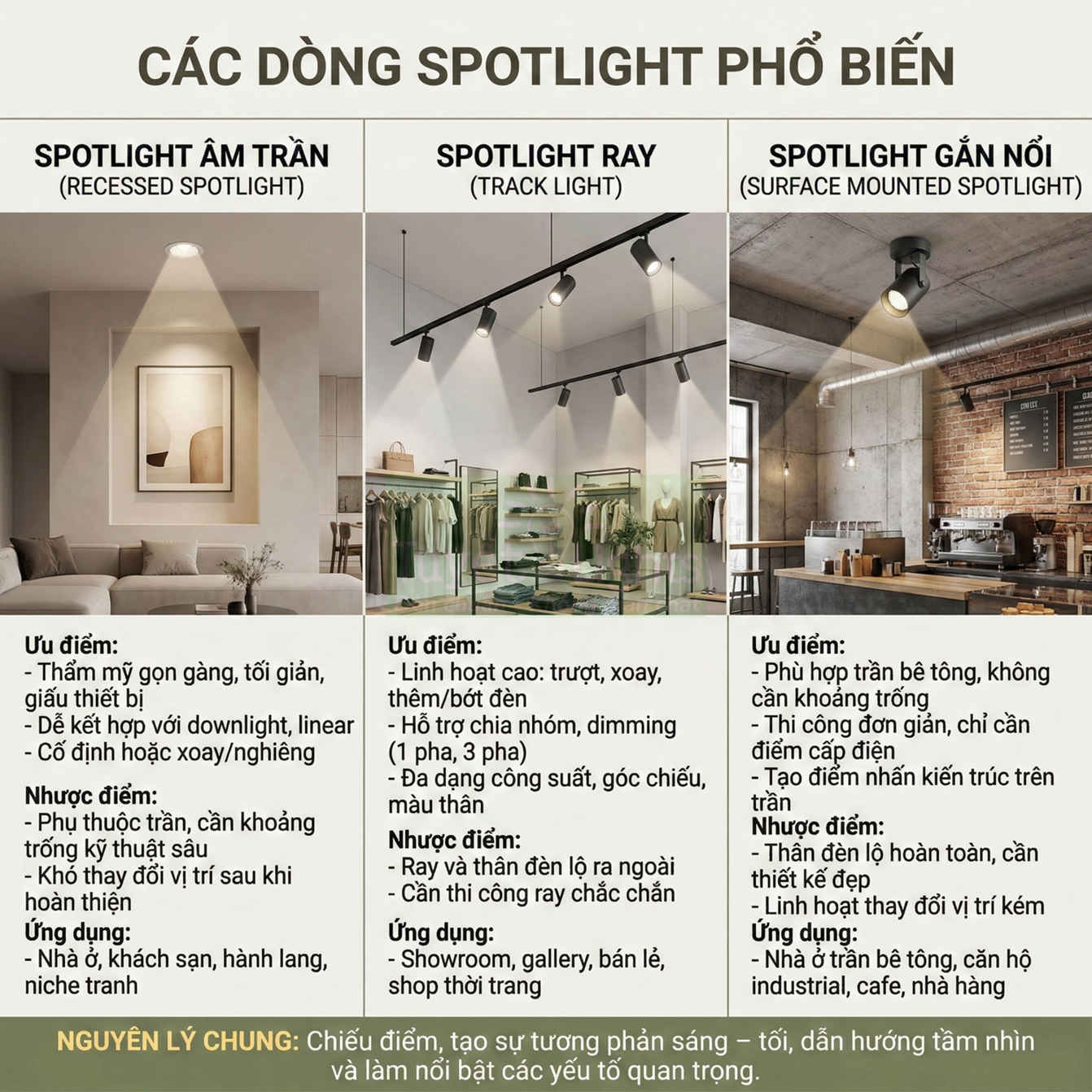 Các loại đèn spotlight âm trần, ray và gắn nổi chiếu sáng phòng khách, showroom và quán cafe