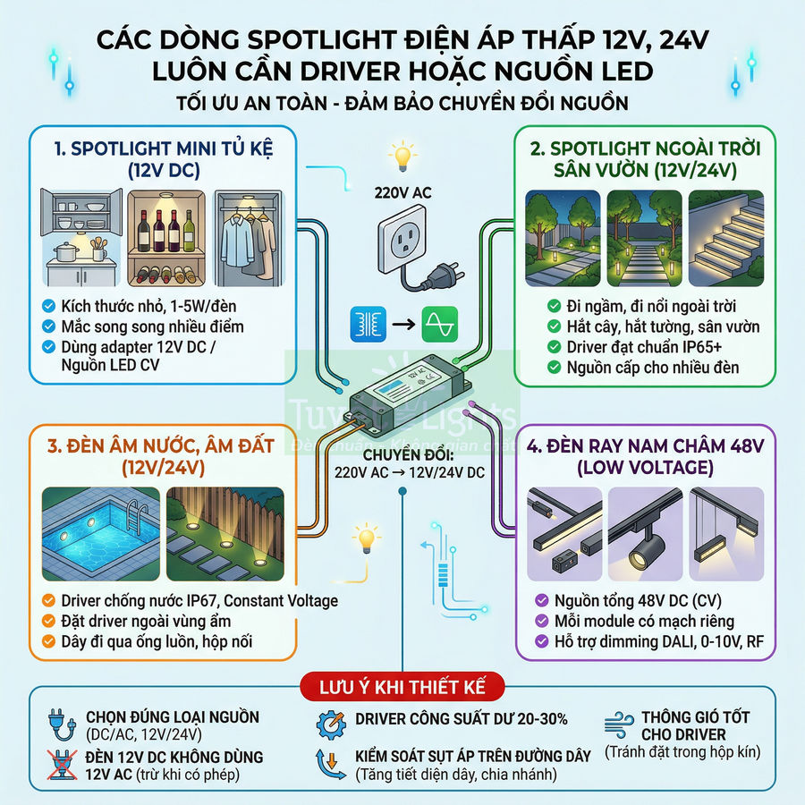Sơ đồ các loại đèn spotlight điện áp thấp 12V 24V và driver nguồn LED dùng cho tủ kệ, sân vườn, hồ bơi, ray nam châm
