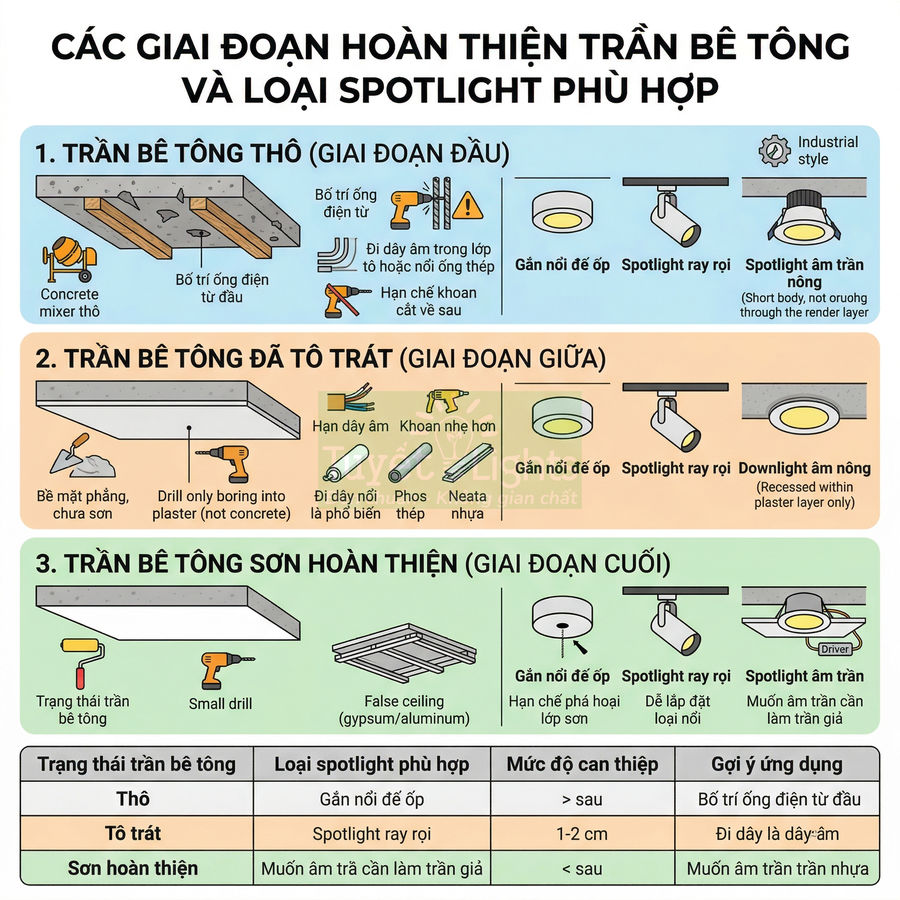 Các giai đoạn hoàn thiện trần bê tông và loại đèn spotlight phù hợp cho từng trạng thái trần