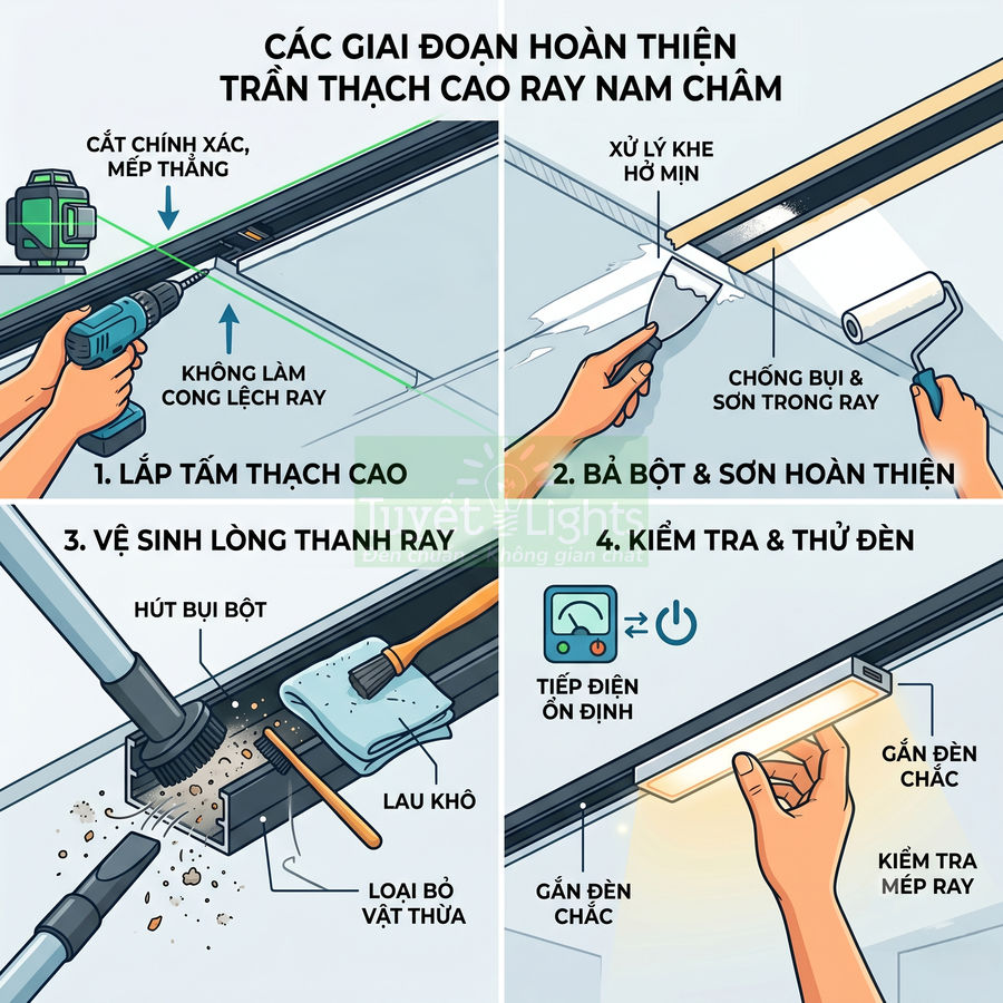 Hướng dẫn lắp đặt và hoàn thiện trần thạch cao ray nam châm cho đèn led âm trần