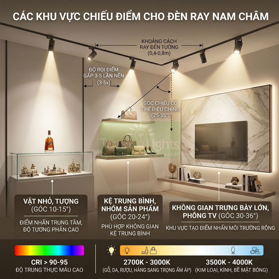 Đèn ray nam châm chiếu điểm cho tủ trưng bày rượu, tượng, kệ túi xách và phòng khách với TV treo tường