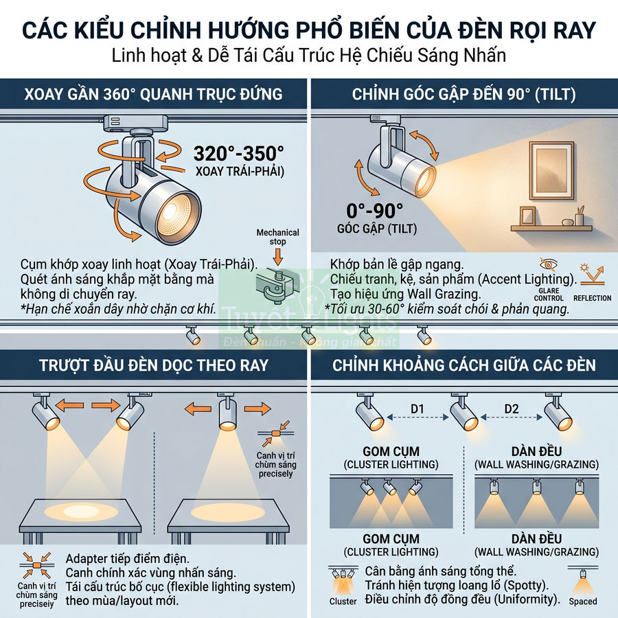 Các kiểu chỉnh hướng linh hoạt của đèn rọi ray chiếu sáng sản phẩm và không gian nội thất