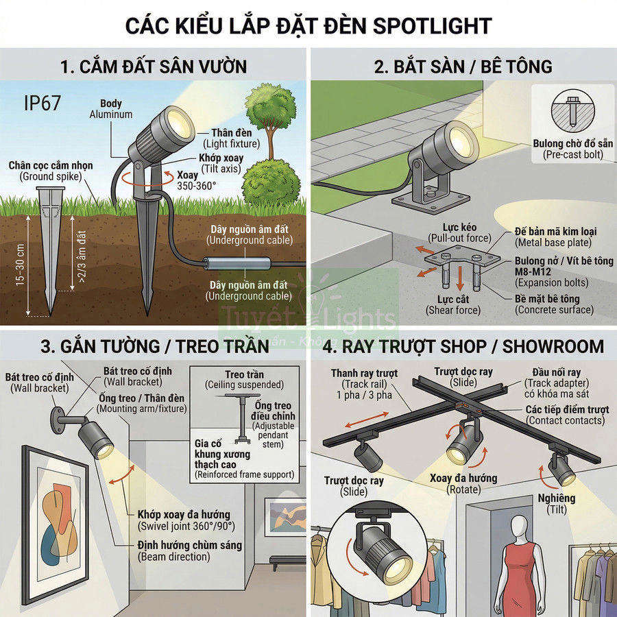 Các kiểu lắp đặt đèn spotlight chiếu sáng sân vườn, tường trần và ray trượt cho shop showroom