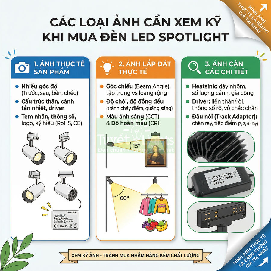 Hướng dẫn xem ảnh sản phẩm đèn LED spotlight thực tế, lắp đặt và chi tiết heatsink, driver, đầu nối track