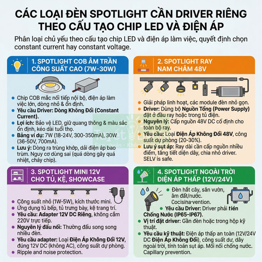 Các loại đèn spotlight LED cần driver riêng theo cấu tạo chip và điện áp, gồm COB âm trần, ray nam châm, mini 12V và ngoài trời