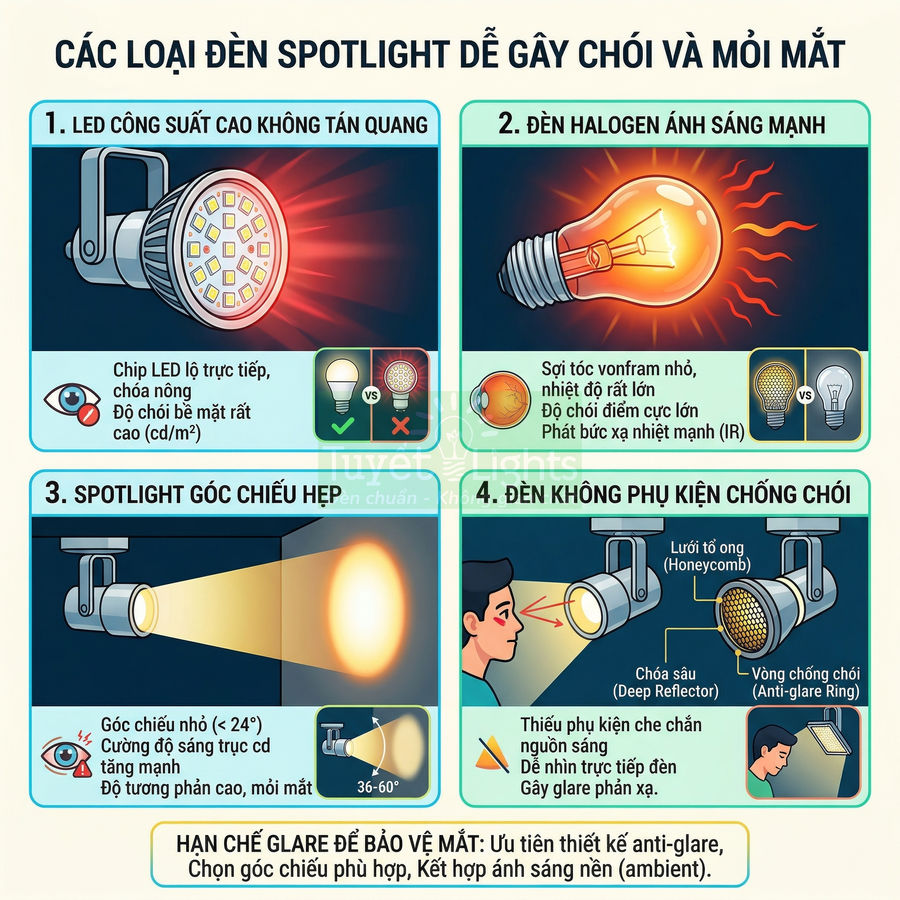 Các loại đèn spotlight dễ gây chói và mỏi mắt và gợi ý chọn đèn spotlight chống chói an toàn