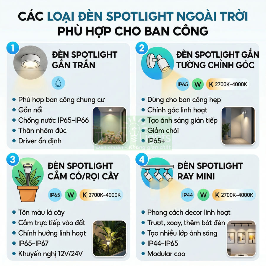 Các loại đèn spotlight ngoài trời cho ban công gồm đèn gắn trần, gắn tường, cắm cỏ và ray mini