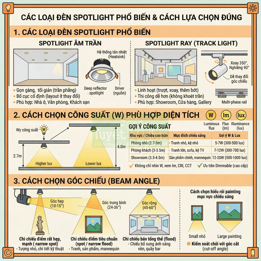 Infographic hướng dẫn chọn đèn spotlight âm trần và spotlight ray theo công suất, góc chiếu và diện tích phòng