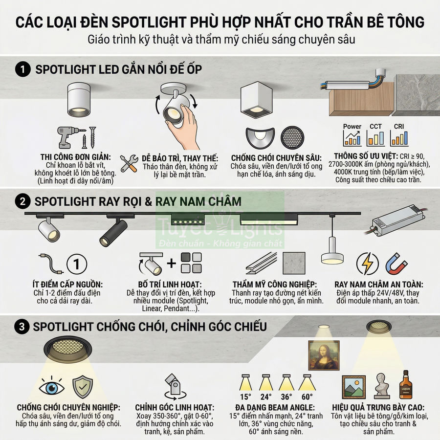 Infographic các loại đèn spotlight LED cho trần bê tông, spotlight ray nam châm và spotlight chống chói chỉnh góc chiếu