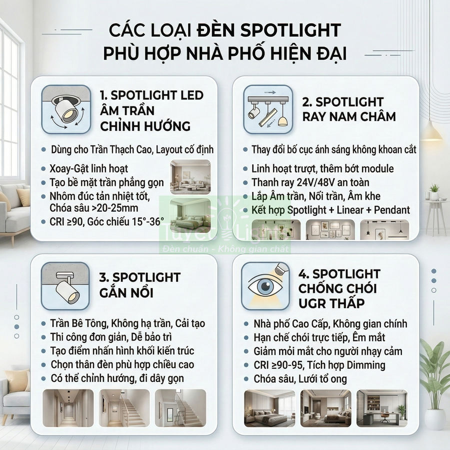 Các loại đèn spotlight LED cho nhà phố hiện đại gồm âm trần, ray nam châm, gắn nổi và chống chói UGR thấp