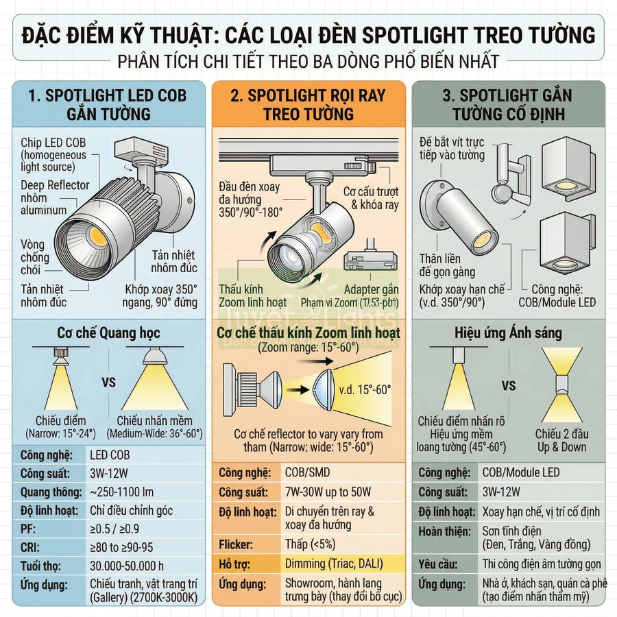 So sánh kỹ thuật các loại đèn spotlight treo tường LED COB, rọi ray và gắn tường cố định cho chiếu sáng nội thất