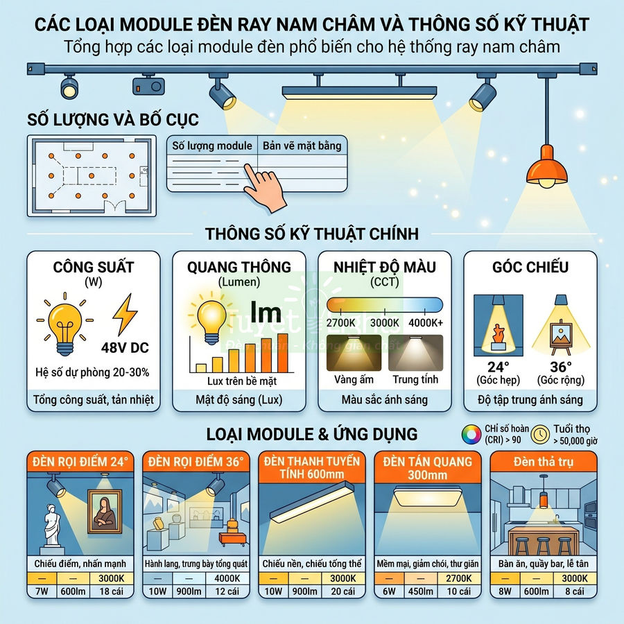 Infographic các loại đèn ray nam châm, thông số kỹ thuật và ứng dụng chiếu sáng nội thất