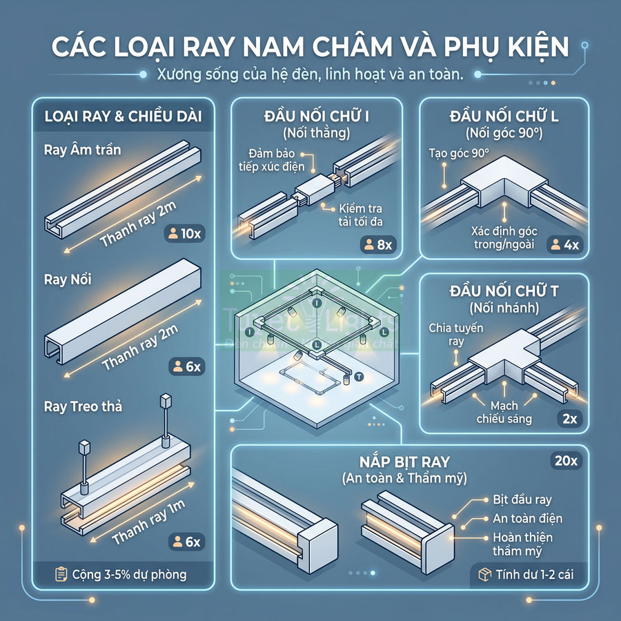 Các loại ray nam châm và phụ kiện ray đèn chiếu sáng gồm ray âm trần, ray nổi, ray treo và đầu nối
