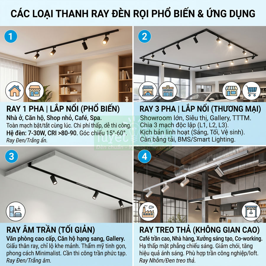 Các loại thanh ray đèn rọi phổ biến gồm ray 1 pha, ray 3 pha, ray âm trần và ray treo thả cùng ứng dụng