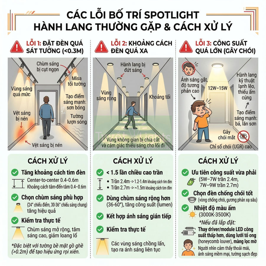 Các lỗi bố trí đèn spotlight hành lang thường gặp và cách xử lý để tránh loang sáng, chói mắt, tối khuất