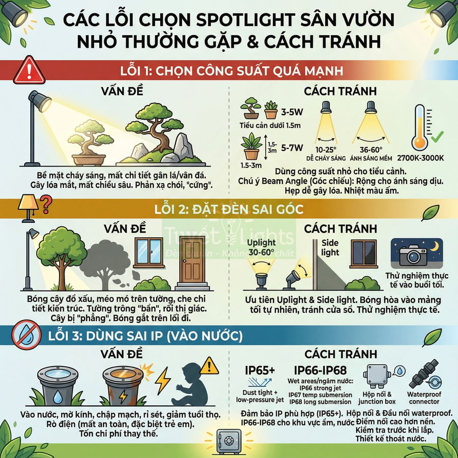 Infographic hướng dẫn chọn đèn spotlight sân vườn đúng công suất, góc chiếu và chuẩn chống nước IP65 IP66 IP68