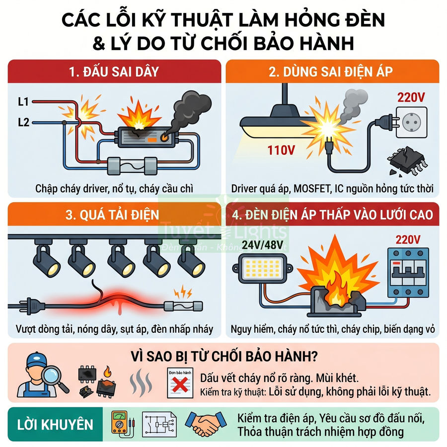 Infographic các lỗi kỹ thuật làm hỏng đèn LED, nguyên nhân cháy nổ và lý do bị từ chối bảo hành