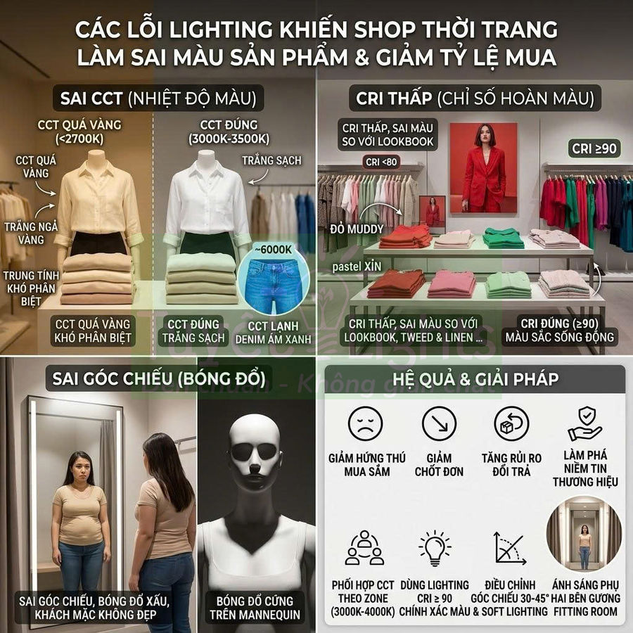 Infographic các lỗi ánh sáng trong shop thời trang làm sai màu quần áo và giải pháp cải thiện lighting
