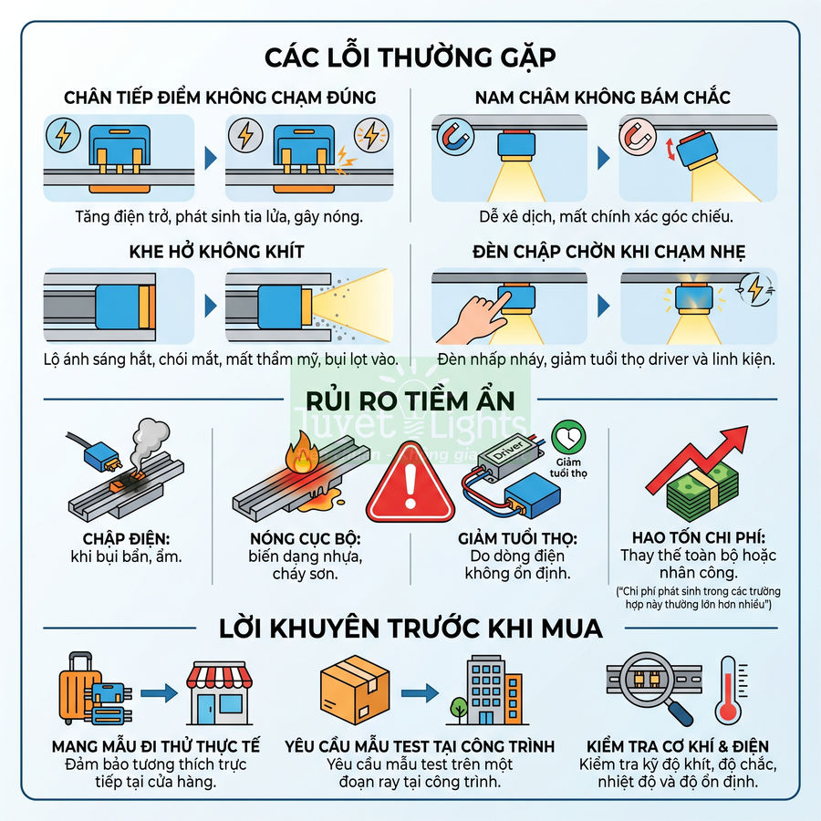 Infographic các lỗi thường gặp và rủi ro khi lắp đặt đèn led nam châm trên thanh ray nhôm
