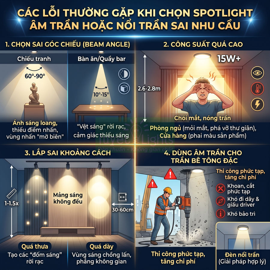 Các lỗi thường gặp khi chọn đèn spotlight âm trần hoặc nổi trần sai nhu cầu và cách lắp đặt phù hợp