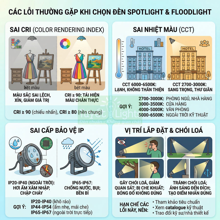 Các lỗi thường gặp khi chọn đèn spotlight floodlight về CRI nhiệt màu cấp bảo vệ IP và vị trí lắp đặt