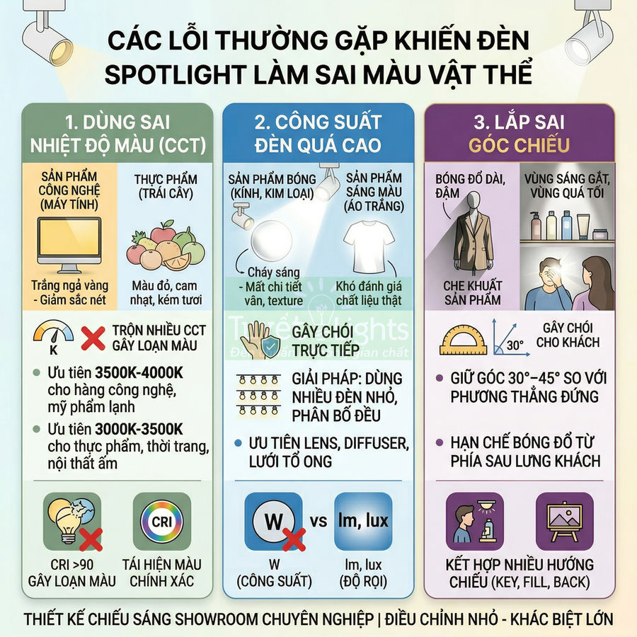 Infographic các lỗi thường gặp khi lắp đèn spotlight chiếu sáng showroom làm sai màu sản phẩm