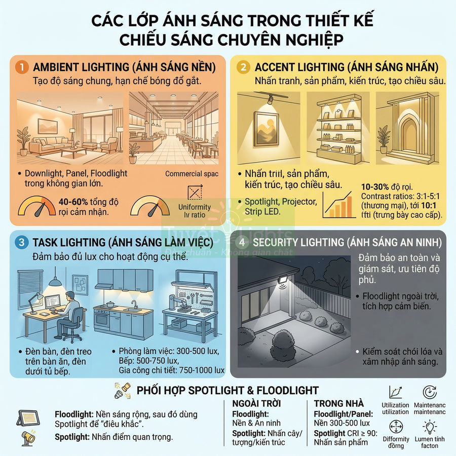 Infographic các lớp ánh sáng trong thiết kế chiếu sáng chuyên nghiệp cho nhà ở và không gian làm việc