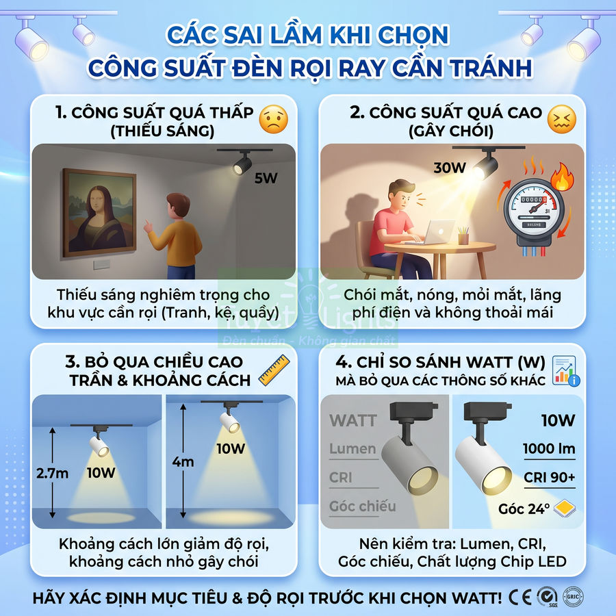 Các sai lầm khi chọn công suất đèn rọi ray LED, minh họa công suất thấp, quá cao và so sánh thông số kỹ thuật