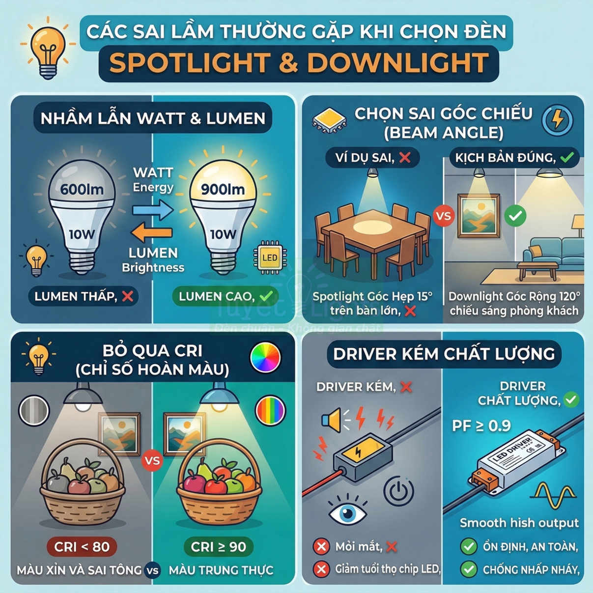 Infographic các sai lầm khi chọn đèn LED spotlight và downlight, so sánh watt lumen CRI và chất lượng driver