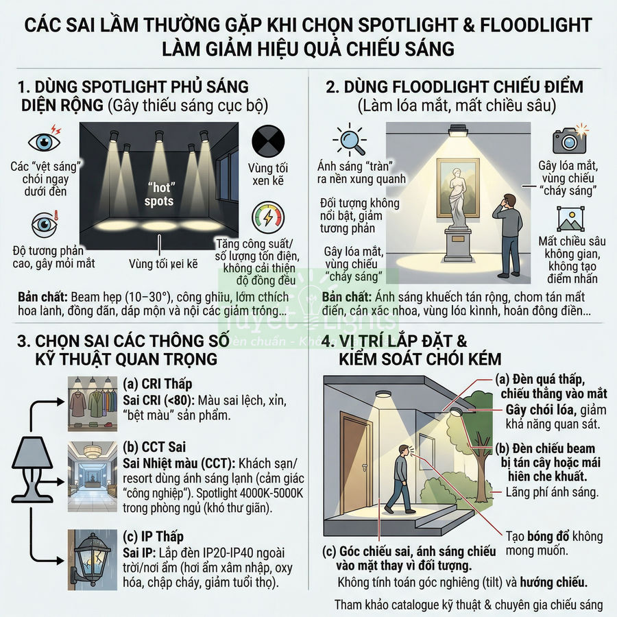Infographic các sai lầm khi chọn và lắp đặt đèn spotlight và floodlight làm giảm hiệu quả chiếu sáng