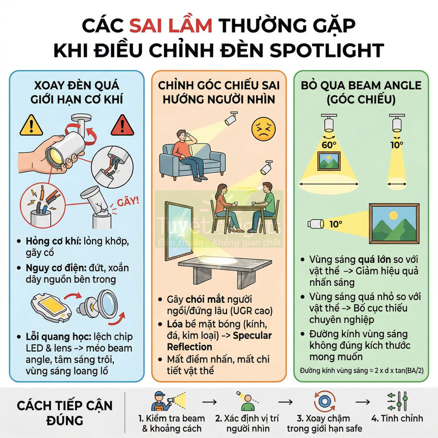 Infographic các sai lầm khi điều chỉnh đèn spotlight và hướng dẫn cách chỉnh góc chiếu đúng