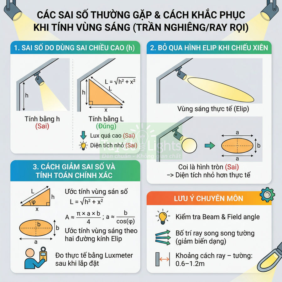 Infographic hướng dẫn tính vùng sáng đèn ray rọi trần nghiêng và cách giảm sai số chiếu sáng