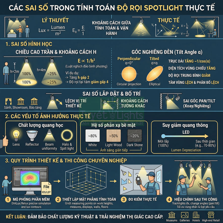 Infographic các sai số trong tính toán độ rọi spotlight thực tế và quy trình thiết kế thi công chiếu sáng