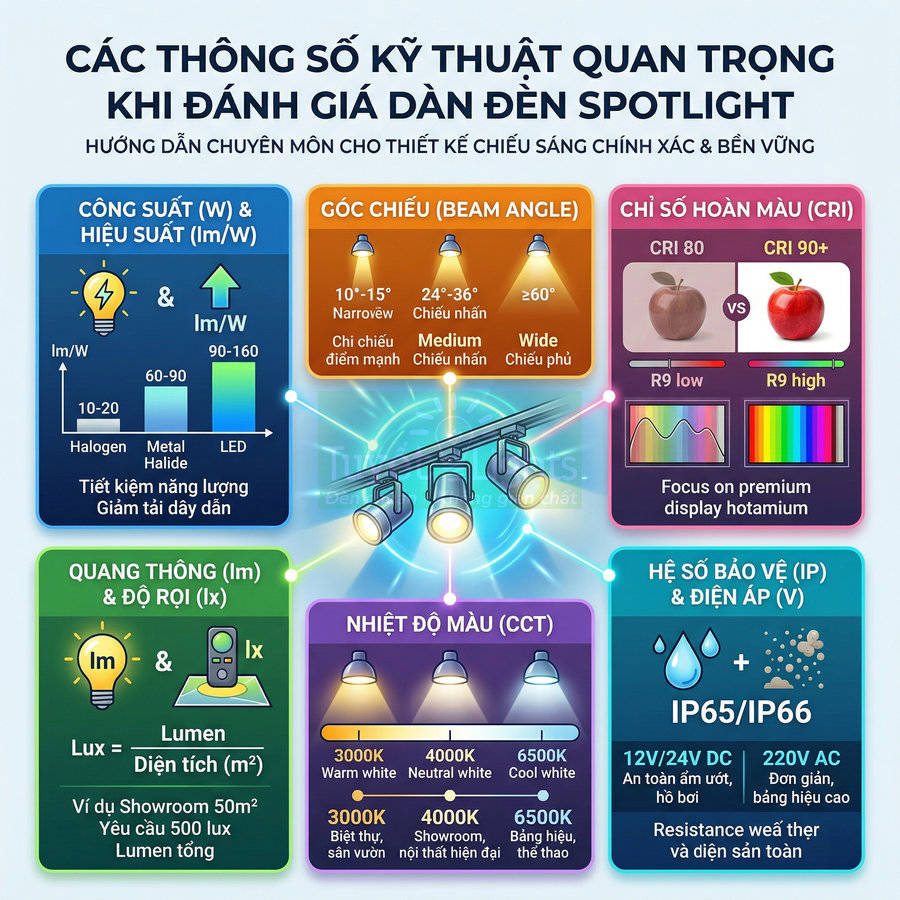 Các thông số kỹ thuật quan trọng cần biết khi lựa chọn và đánh giá dàn đèn spotlight LED showroom
