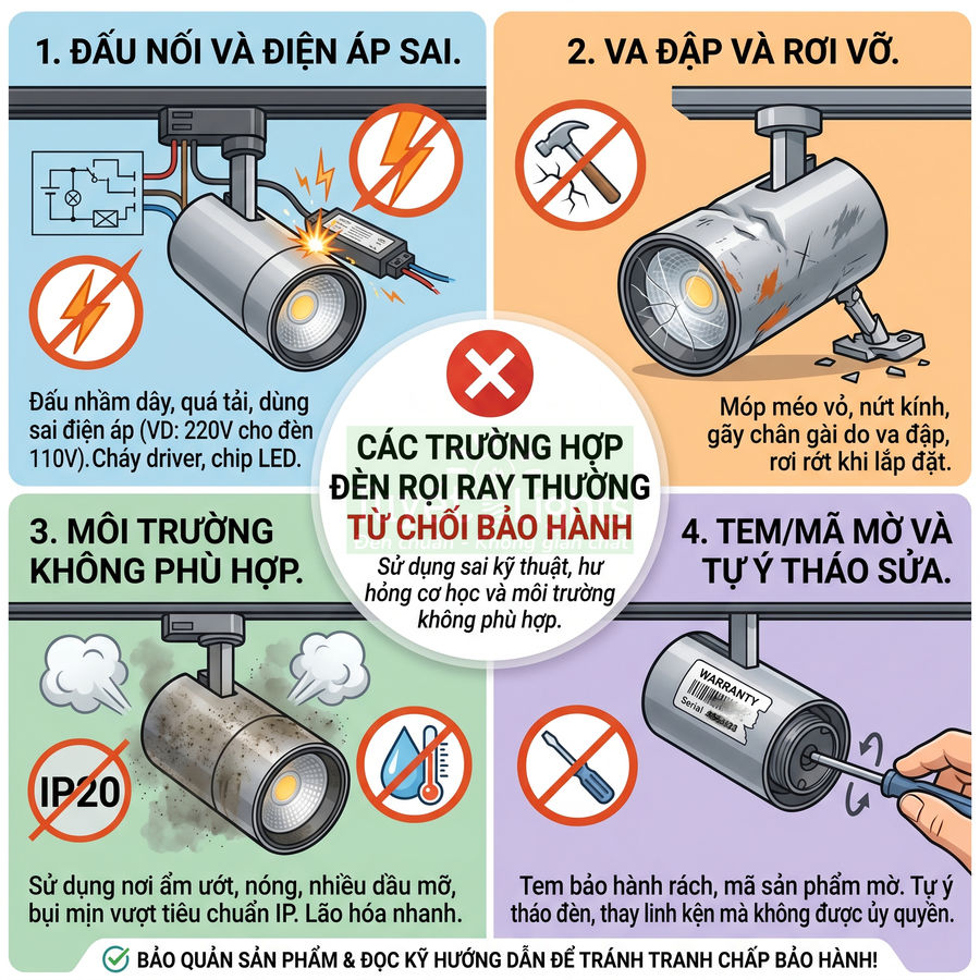 Hướng dẫn các trường hợp đèn rọi ray bị từ chối bảo hành do đấu nối sai, va đập, môi trường ẩm và tự ý tháo tem