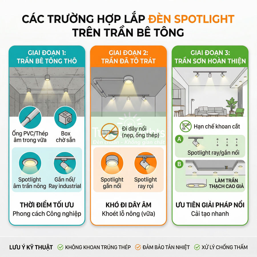 Hướng dẫn các giai đoạn lắp đèn spotlight trên trần bê tông và trần thạch cao trong nhà