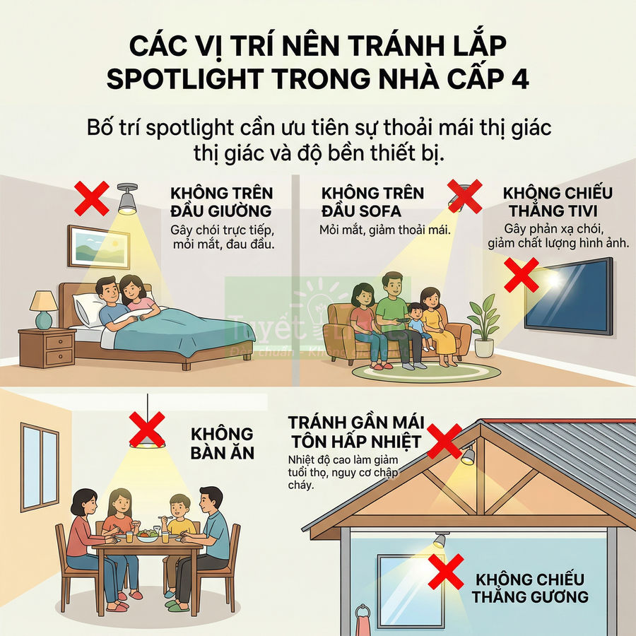 Infographic vị trí không nên lắp đèn spotlight trong nhà cấp 4 như trên giường, sofa, bàn ăn, gần tivi và mái tôn