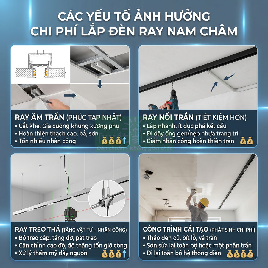 Các yếu tố ảnh hưởng chi phí lắp đặt đèn ray nam châm âm trần, nổi trần, treo thả và công trình cải tạo