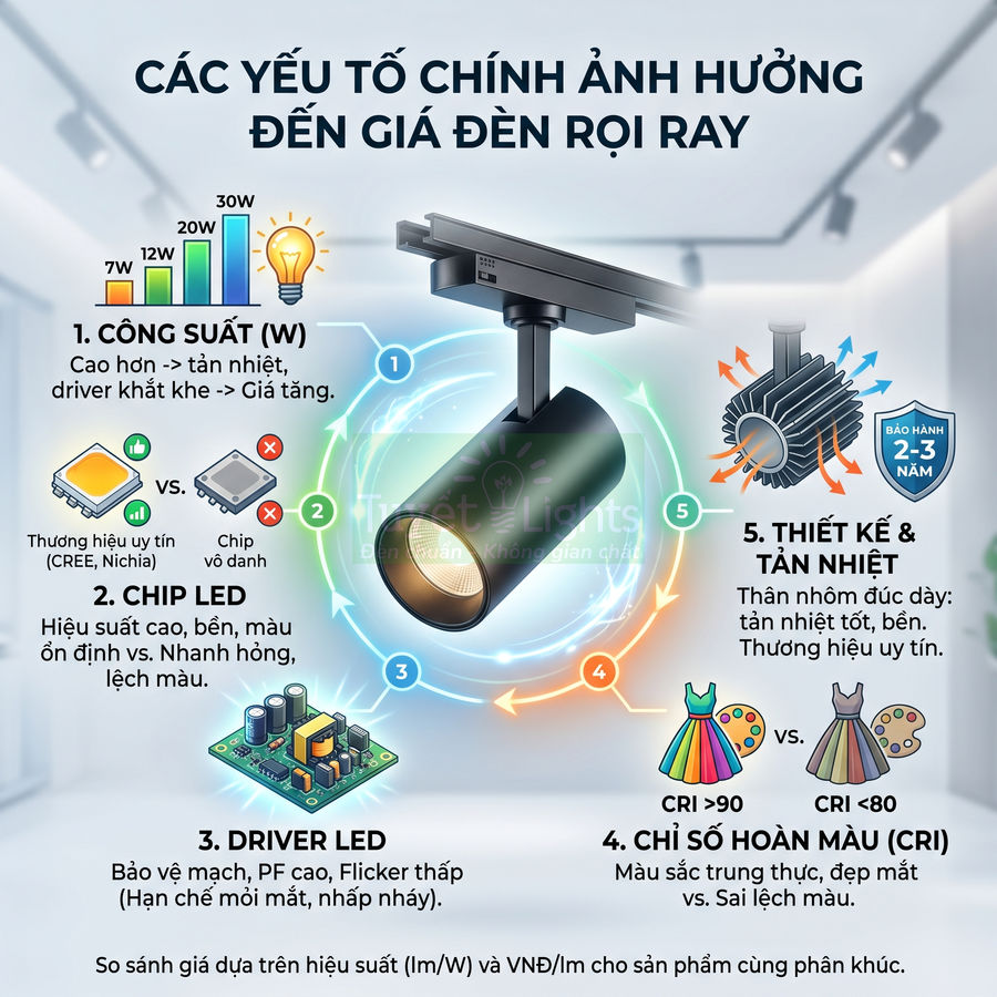 Đèn rọi ray LED màu đen trong nhà, minh họa các yếu tố ảnh hưởng đến giá như công suất, chip, driver và tản nhiệt