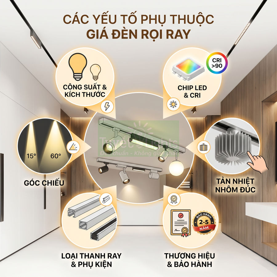 Các yếu tố ảnh hưởng giá đèn rọi ray: công suất, chip LED CRI, góc chiếu, thanh ray, tản nhiệt, bảo hành