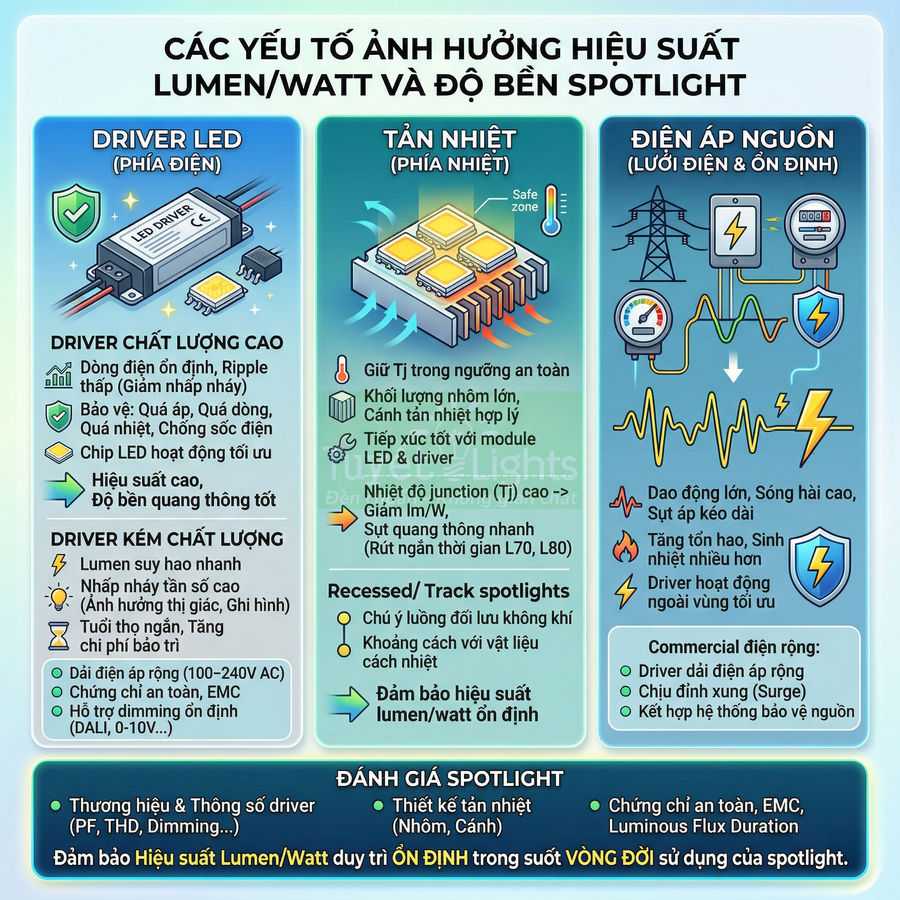 Infographic các yếu tố ảnh hưởng hiệu suất lumen watt và độ bền đèn LED spotlight, driver, tản nhiệt, điện áp nguồn
