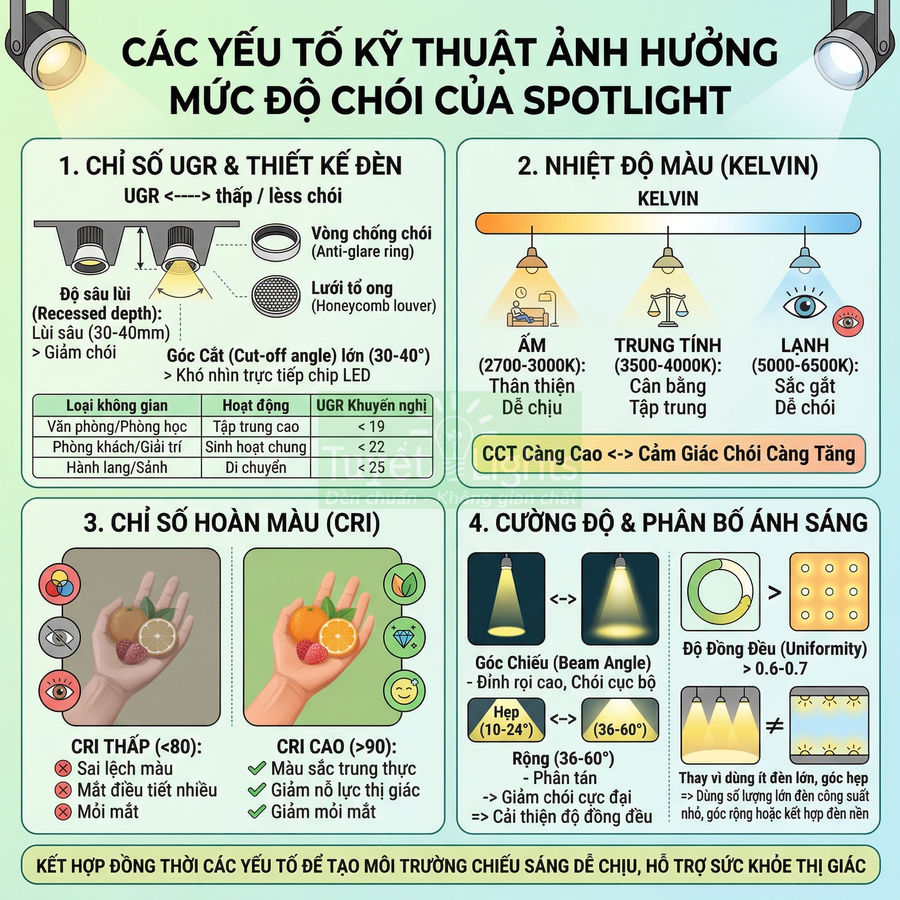 Infographic các yếu tố kỹ thuật ảnh hưởng độ chói và chất lượng ánh sáng của đèn spotlight LED
