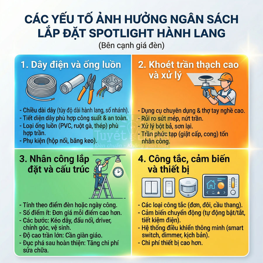 Infographic các yếu tố ảnh hưởng chi phí lắp đặt đèn spotlight hành lang và thiết bị điện đi kèm