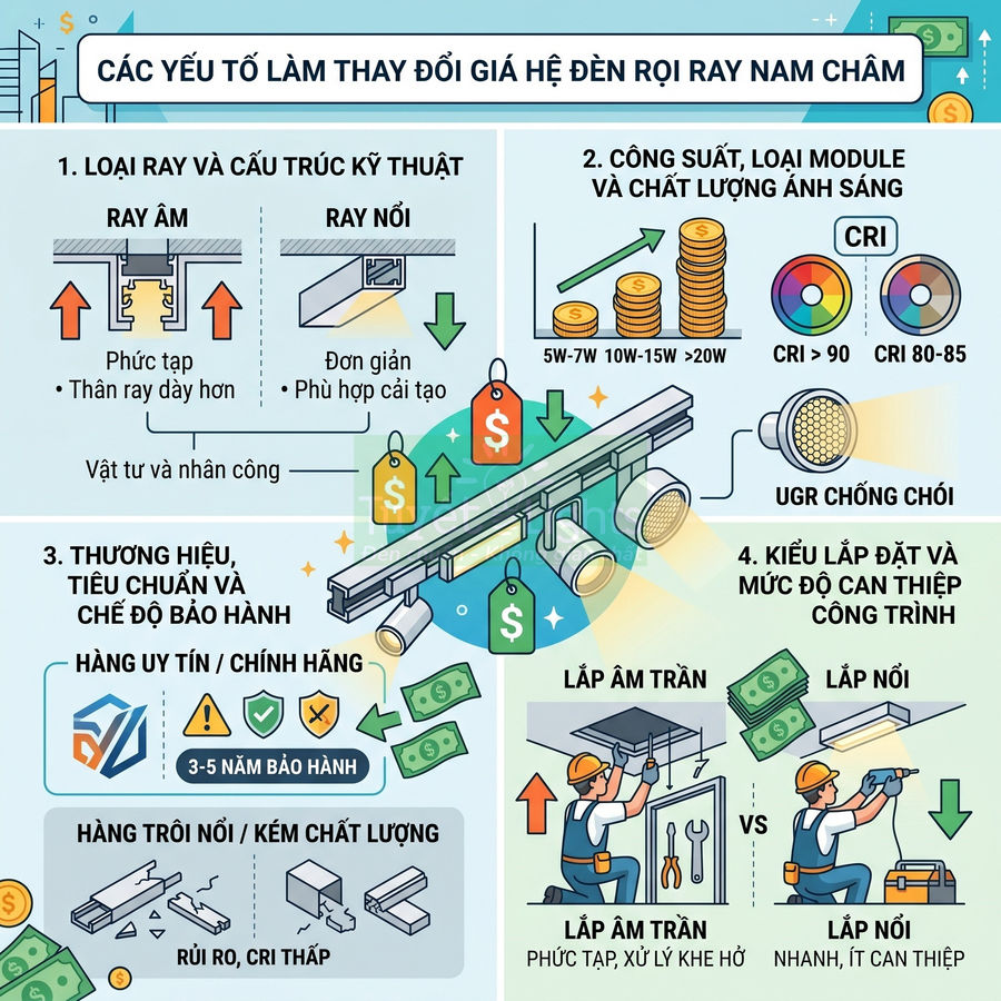 Các yếu tố ảnh hưởng giá hệ đèn rọi ray nam châm, so sánh ray âm ray nổi, công suất, thương hiệu và kiểu lắp đặt
